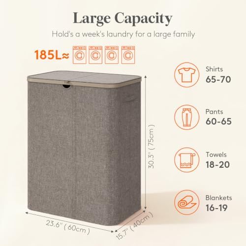Lifewit 185L 3 Section Laundry Hamper with Lid, Laundry Basket, Brown - Image 2