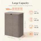 Lifewit 185L 3 Section Laundry Hamper with Lid, Laundry Basket, Brown - Image 2