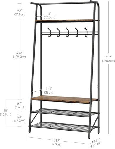 OUTLANE Entryway Hall Tree with 5 Hooks, Shoe Bench & Storage Shelf, Coat Rack Organizer with Wood Accents and Metal Frame for Entryway, Living Room, Bedroom, Rustic Brown-Single row - Image 2