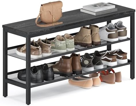 VASAGLE 3 Tier Shoe Rack Bench, One Piece Shelves, Shoe Storage Organizer with Raised Edges, Industrial Style, Easy Assembly, 11 x 39.4 x 19.7 Inches, Charcoal Gray and Matte Black ULSB075BA01S by VASAGLEbySONGMICSHOME