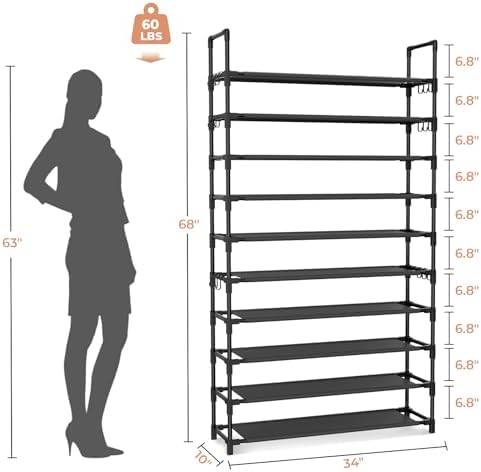 LANTEFUL Tall Shoe Rack 10 Tier Shoe Organizer Large Shoe Shelf with 18 Hooks Storage for 50 Pair, Stackable Vertical Shoe Rack Organizer for Closet, Entryway, Bedroom - Image 3