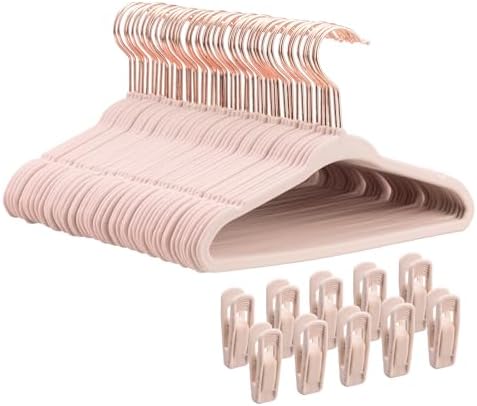 Tonswachic Velvet Child Hangers 50 Pack, 14" Premium Kids Felt Hangers, Non Slip Baby Hangers for Toddler Clothes, 0.2" Slim Space-Saving Children Hangers with 10 Clips & 360° Rose Gold Hook, Pink by TonswachicHangersSpaceSaver