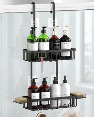 Over the Door Shower Caddy Hanging With Double Soap Holder Never Rust Aluminum Shower Shelf With 4 Hooks Hanging Bathroom Organizer No Drilling Shelves for Bathroom Storage Black by Unknown