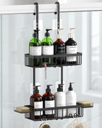 Over the Door Shower Caddy Hanging With Double Soap Holder Never Rust Aluminum Shower Shelf With 4 Hooks Hanging Bathroom Organizer No Drilling Shelves for Bathroom Storage Black by Unknown