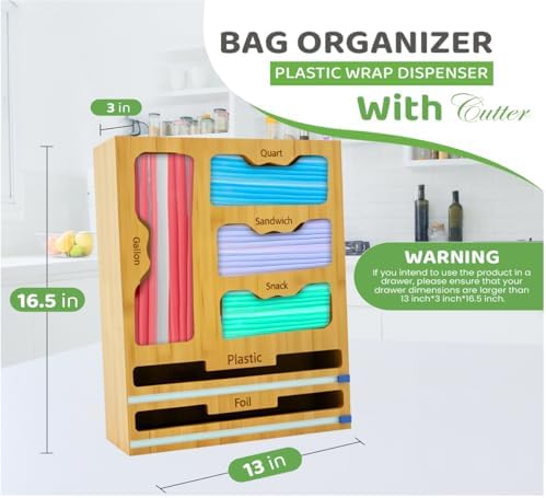 Storage Bag organizer, 6 in 1 Foil and Plastic Wrap Dispenser with Cutter, Bamboo Kitchen Drawer Organizer Food Bag Organizer for Gallon, Quart, Sandwich, Snack Bags (Natural) - Image 2