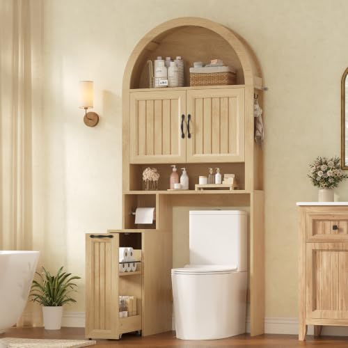 UPOSOJA Arched Over The Toilet Storage Cabinet with Pulley Small Bathroom Storage Cabinet, Bathroom Organizer, Adjustable Shelves, Toilet Paper Holder, 2 Hooks, Space Saver for Restroom, Laundry, Oak by UPOSOJAWishesYouaNiceDay