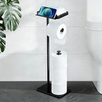 Toilet Paper Holder Stand with Phone Shelf, Rustproof Free Standing Toilet Paper Stand for 4 Rolls, Toilet Roll Dispenser Storages for Phones, Wipe, Wallet and Small Items, Black by YIGII