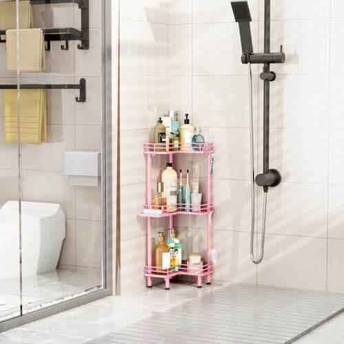 HapiRm Corner Shower Caddy Standing - 3 Tier Shower Organizer Corner with Soap Holder, Rustproof Bathroom Standing Organizer with 4 Hooks, Pink - Image 7