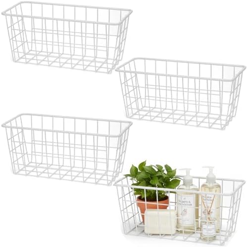 Hanging Kitchen Baskets Adhesive Sturdy Wire Storage Baskets with Kitchen Food Pantry Bathroom Shelf Storage No Drilling Wall Mounted,White,4 Pack by HDYOUDO