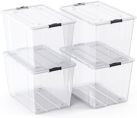 Lifetime Appliance Parts 4 PACK 97 Qt. Plastic Storage Bin Tote Organizing Container with Ultra Durable Lid & Secure Latching Buckles Stackable Extra Strength Clear w/Black Handle by LifetimeApplianceParts