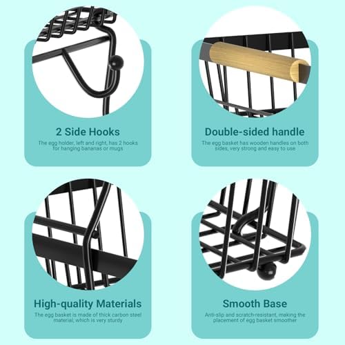 3 Tier Fruit Basket for Kitchen Counter with 2 Banana Hangers, Countertop Metal Fruit Bowl with Wooden Handle, Large Storage Stand for Vegetables, Snacks, Breads, Produce Storage – Black - Image 5
