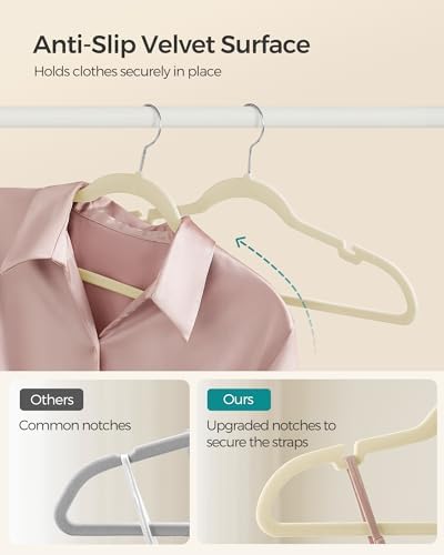 SONGMICS Velvet Hangers 50 Pack, Non-Slip Clothes Hangers with Shoulder Notches, Pants Bar, 360° Swivel Hook, Space-Saving, for Closet, Summer Sand UCRF029K05 - Image 3