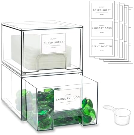 4 Pack Laundry Room Organization Storage Drawers with Labels, Clear Stackable Dryer Sheet Holder and Pod Containers, Detergent Dispenser for Laundry Room Organizing and Decor by Rolheit