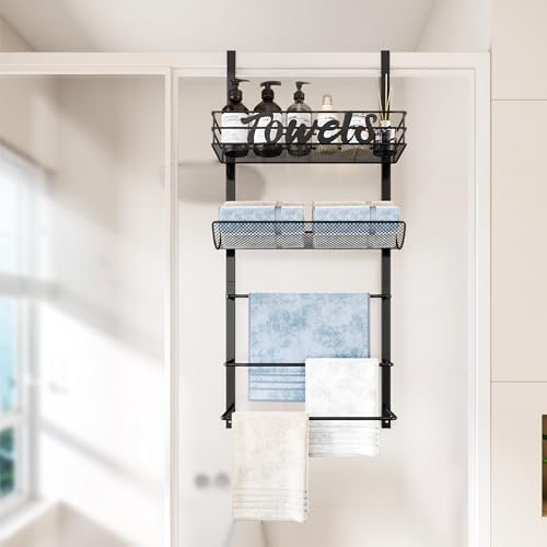 SWTYMIKI Over the Door Towel Racks for Bathroom - 5-Tier Wall Mounted Bathroom Towel Storage Organizer Holder with Metal Shelf, Black - Image 4