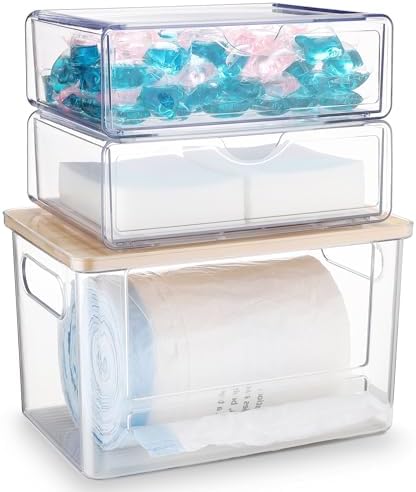 3Pcs Extra Large Laundry Room Organization and Storage, Stackable Storage Drawers, Trash Bag Holder Under Sink, Garbage Bag Dispenser Roll Holder for Vanity, Bathroom,Cabinet,Desk Organization by YAFFWA
