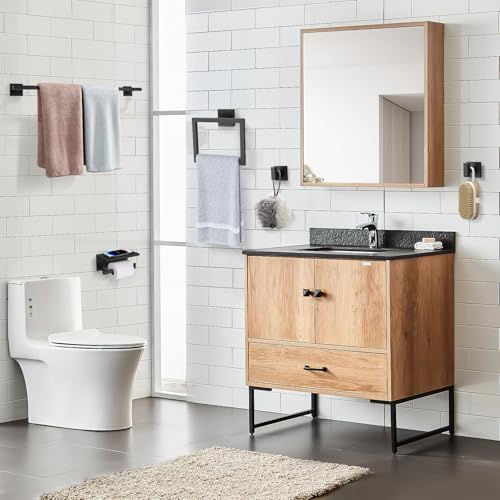 TQKAG 5-Pieces Matte Black Bathroom Hardware Accessories Set 23.6" SUS304 Stainless Steel Towel Bar Set Wall Mounted Square Toilet Paper Holder with Shelf - Image 7
