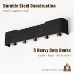 Coat Rack Wall Mount with Hidden Hooks, Wall Hooks with Shelf, Wall Key Holder Mount Wooden Shelf Entryway Hooks for Bedroom Bathroom for Hanging Coats Hats Bags Towels (Black, 5 Hooks) - Image 6