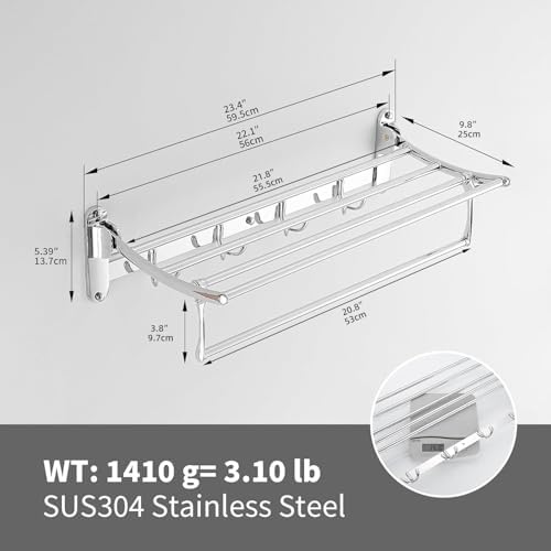 BESy Towel Racks with Foldable Towel Bar Hooks Wall Mounted Polished Chrome - Image 6