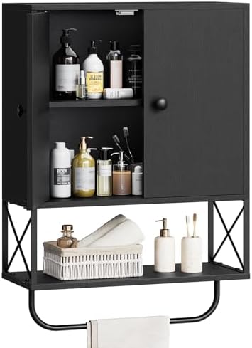 MAHANCRIS Bathroom Wall Cabinet with 2 Door and Adjustable Shelf, Farmhouse Medicine Cabinet with Towel Rack, 3-Tier Wall Mounted Storage Cabinet Over The Toilet for Bathroom, 18.9" L, Black by MAHANCRIS