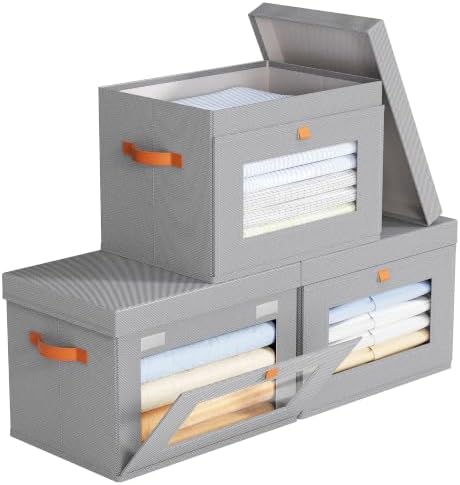 Yecaye 3 Pack Closet Storage Bins with Lid, Clothing Storage Bins, Grey by Yecaye