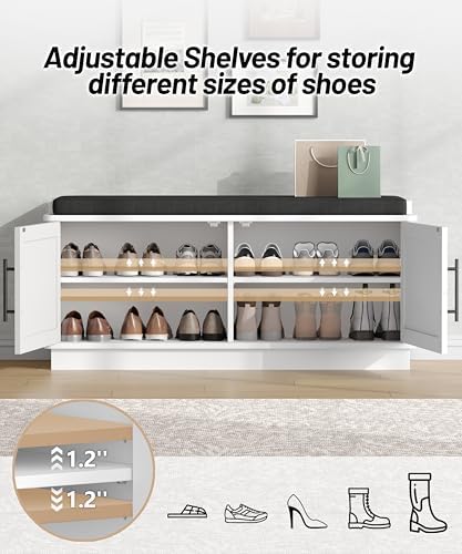 Akxomel 39.4" Fluted Shoe Storage Bench 2 Doors Wooden Entryway Bench White - Image 5