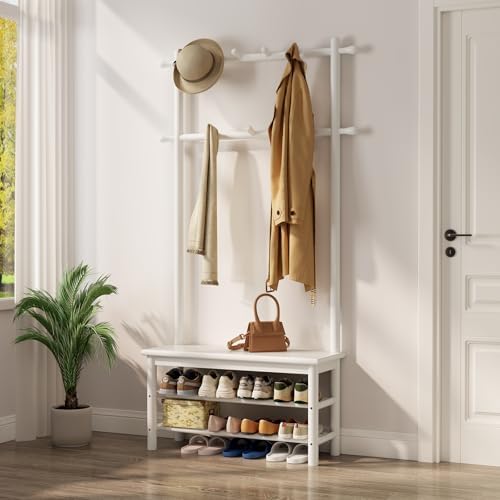 AQIMUELE Coat Rack with Shoe Storage, Wooden Hall Tree with Bench, 11 Hooks and 2-Tier Storage Shelves, 3-in-1, Entryway Bench with Coat Rack (31.5"-White) by AQIMUELE