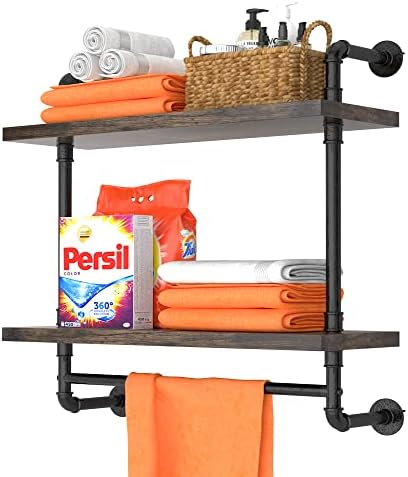Helsin 24inch Industrial Pipe Shelving Bathroom Shelves Wall Mounted with Towel bar, 2 Tier Rustic Wood Floating Shelf, Metal Towel Rack Wall Shelf for Home & Bathroom (Brown, 24inch) by Helsin