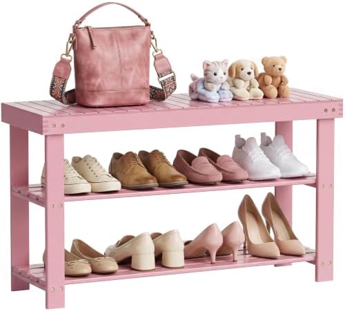 SMIBUY Bamboo Shoe Rack Bench, 3-Tier Shoe Organizer Storage Shelf for Entryway Hallway Bathroom Living Room (Pink) by SMIBUY