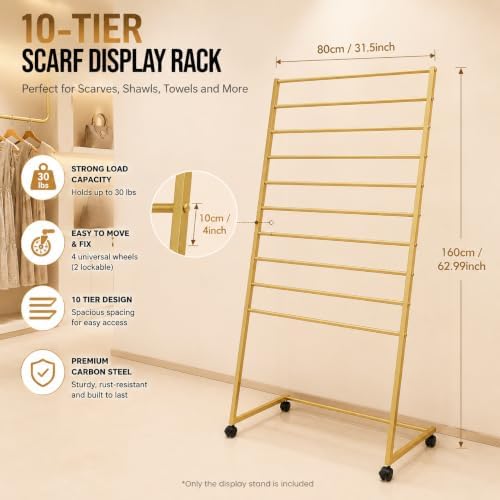 Scarf Organizer, Scarf Display Stand, 10 Tier Metal Scarf Holder Organizer, Floor-standing Scarf Rack for Commercial or Home, Hijab Stand RackTies Belt Pants Hanging Rack - Image 2