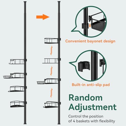 Corner Shower Caddy Tension Pole, 4 Tier Rustproof Shower Tension Rod Organizer, Adjustable 25-125 Inch Bathroom Shower Organizer Shelves for Bathtub Shampoo Storage, Black - Image 4
