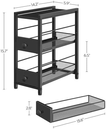 YATINEY Spice Rack, 3-Tier Pull Out Spice Rack Organizer for Countertop, Narrow Kitchen Countertop Storage Shelf with 2 Drawers, for Kitchen, Cafe, Black SR02BB - Image 3