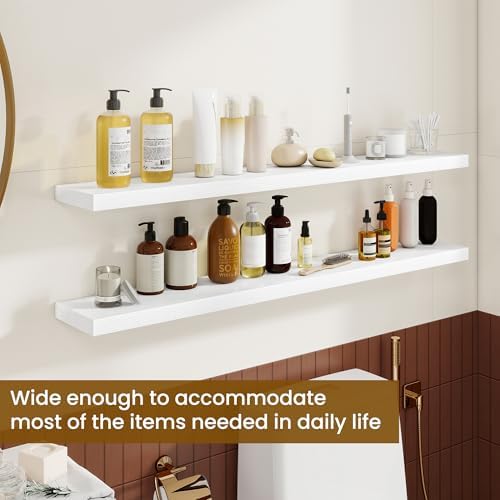 Dreamland 48Inch Floating Shelves for Wall, Rustic Wooden White Floating Shelves for Living Room, Kitchen, Farmhouse, Deep Wall Mounted Book Shelf, Wood Storage Display Shelf for Home Decor, Set of 2 - Image 4