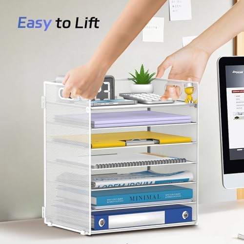 7 Tier Paper Organizer for Desk with Letter Trays & Handle White - Image 6