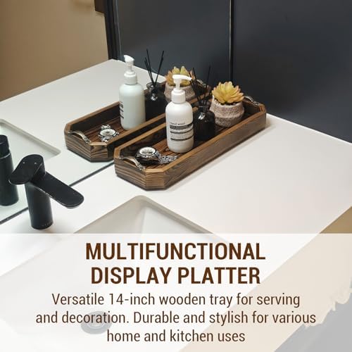 MyGift Wooden Vanity Tray, Rustic Burnt Solid Wood Toilet Tank Tray - Decorative Octagonal Cosmetic Organizer with Antique Metal Handles - Image 3