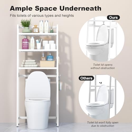 VASMIA Over The Toilet Storage,Bamboo 3-Tier Bathroom Organizer Over Toilet Storage Cabinet,Freestanding Space Saver with 3 Hooks White - Image 7