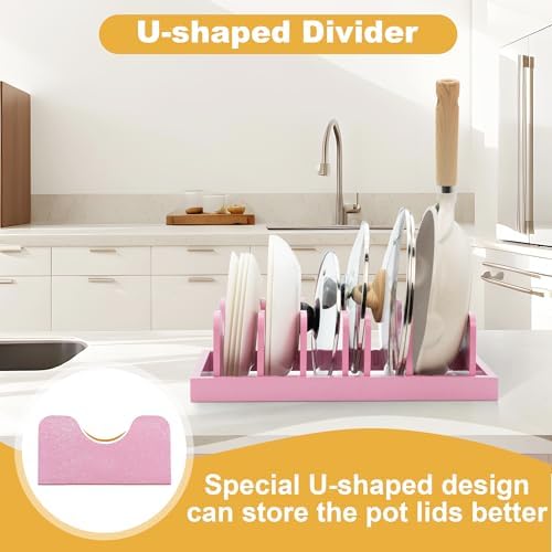 MinBoo Bamboo Pot Lid Organizer Pot Lid Holder, Pot and Pan Organizer Drawer Organizer for Pot Lids, Pans, Dinner Plates, Reusable Containers in Cabinet Storage,Pink - Image 2