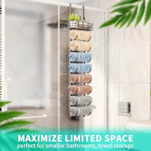 HapiRm Towel Racks for Bathroom Storage - 9 Tier Over The Door & Wall Mount Rolled Towel Storage Organizer Holder with Metal Shelf Basket for Small Bathroom, Camper, Rv - Patented - Image 6