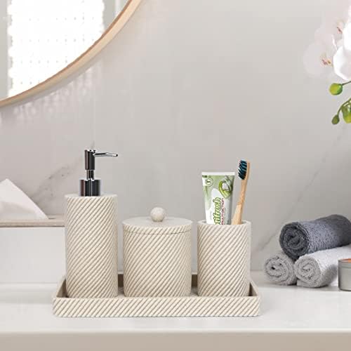 Beige Bathroom Accessories Set 4 Pcs - Toothbrush Holder,Lotion Soap Dispenser,Qtip Holder Dispenser,Vanity Tray for Countertop Vanity Organizer,Bathroom Accessory Set - Image 2