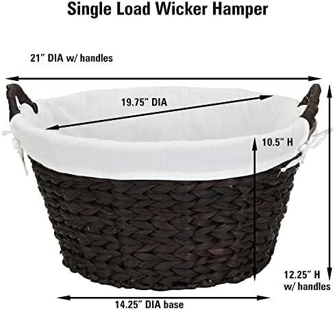 Household Essentials Round Wicker Laundry Basket with Handwoven Water Hyacinth, Metal Frame Support, and Removable Polyester Liner, Brown Finish and White - Image 4