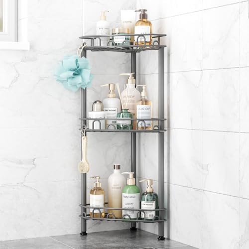 SWTYMIKI Standing Shower Caddy Corner - 3‑Tier Stainless Steel Shower Organizer Shelf with 12 Hooks and Adhesive Pads, Rustproof Corner Shelves Stand Rack for Bathroom Shower Room, Gray by SwtyMiki-TidyHomeSweetLife