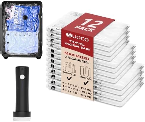 Travel Vacuum Bags for Clothing with Cordless Pump 12 Combo, Clear by SUOCO