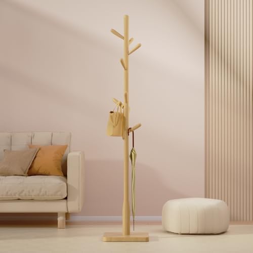 Solid Wood Square Base Coat Rack, Free Standing Hall Coat Tree with 8 Hooks（+2 spare) for Coats, Hats, Bags, Purses, for Entryway, Hallway, Rubberwood Hooks,Base and Pole,(Square Base, Natural Beige) - Image 5