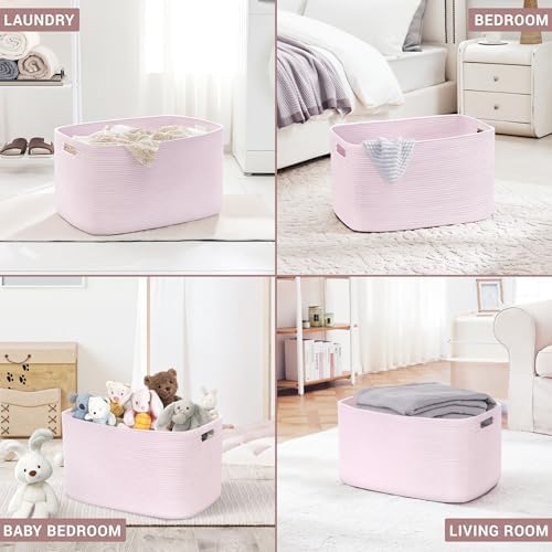 86L Large Woven Laundry Basket Hamper with Handles, Pink - Image 3