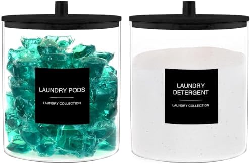 TIPGO Glass Jars for Laundry Room Organization, Laundry Pods Container with 27 Labels, Detergent Holder with Bamboo Lid, Cute Storage Jars, Black (Set of 2) by TIPGO
