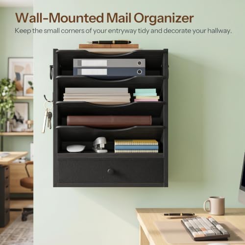 HOOBRO Wall File Organizer, Mail Organizer Wall Mounted, Wooden Literature Organizer, Construction Paper Organizer with Drawer Storage and 2 Hooks, for Office, Classroom, Home, Black BK14WF01 - Image 7