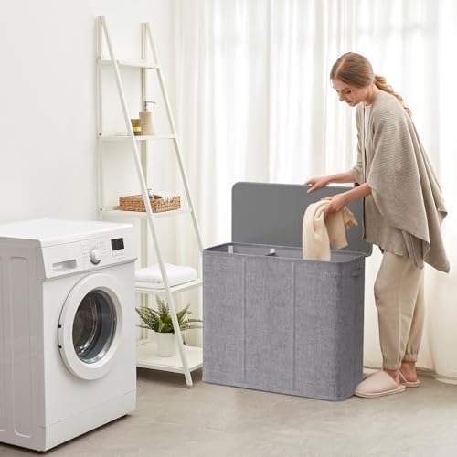 Lifewit Triple Laundry Hamper with Lid, Removable Laundry Bags, Light Gray - Image 6