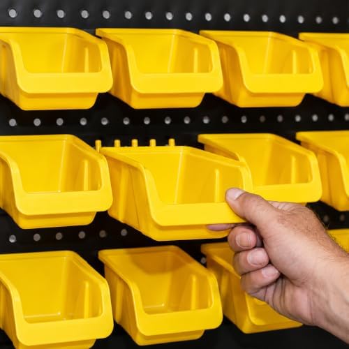 WALLPEG 36 Pack Pegboard Bin Kit – 18 Medium & 18 Large Yellow Peg Board Storage Bins | Parts Organizer for Garage, Workshop, Craft Room, Office & Workbench | Pegboard Accessory Organier | MADE IN USA - Image 3