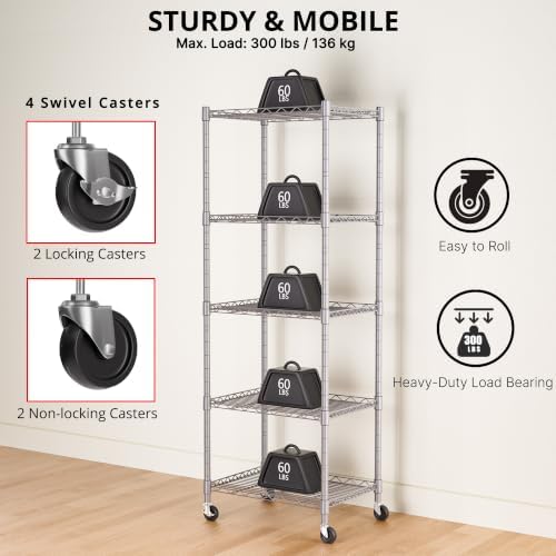 REGILLER 5-Wire Shelving Metal Storage Rack Adjustable Shelves,Standing Storage Shelf Units for Laundry Bathroom Kitchen Pantry Closet(Silver,11.8" D x 16.6" W x 53.5" H,With Wheels) - Image 6
