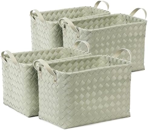 BROWNLILY Handwoven Clothes Basket Laundry Hampers Large Wicker Storage Baskets for Shelves Blankets Closet Storage Bins Car Bedroom Bathroom Organizers and Storage Bath (Pack of 4, Green) by BROWNLILY
