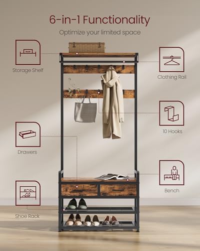 VASAGLE Hall Tree with Bench and Shoe Storage, 2 Fabric Drawers, 10 Hooks - Image 3